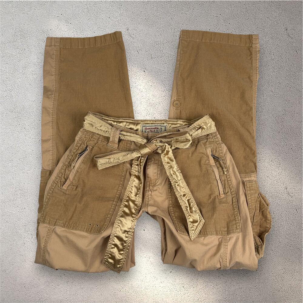 VTG Abercrombie & Fitch Paratrooper Cargo Pants Women's 0 Tan Low Rise Satin Y2K